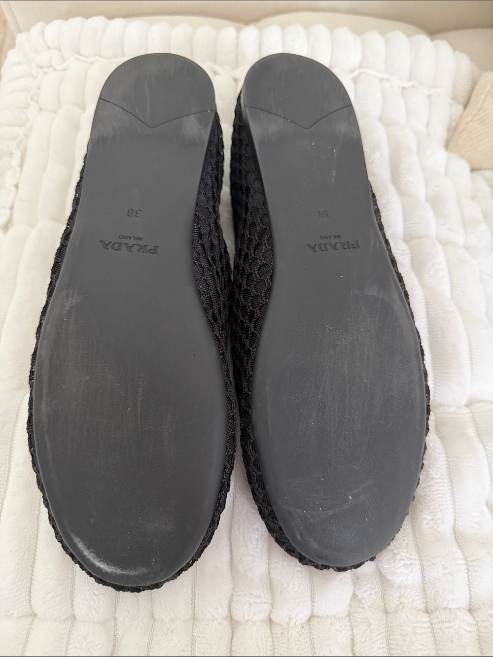 Prada Black Mesh Double-Strap Mary Jane Flats with Gold Logo - Picture 2 of 9